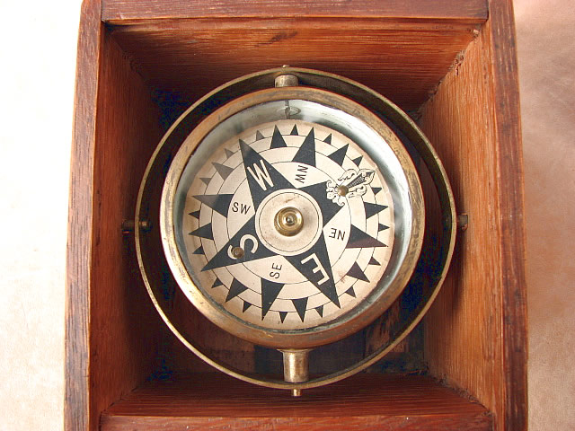 Close up view of dry card dial in brass compass bowl